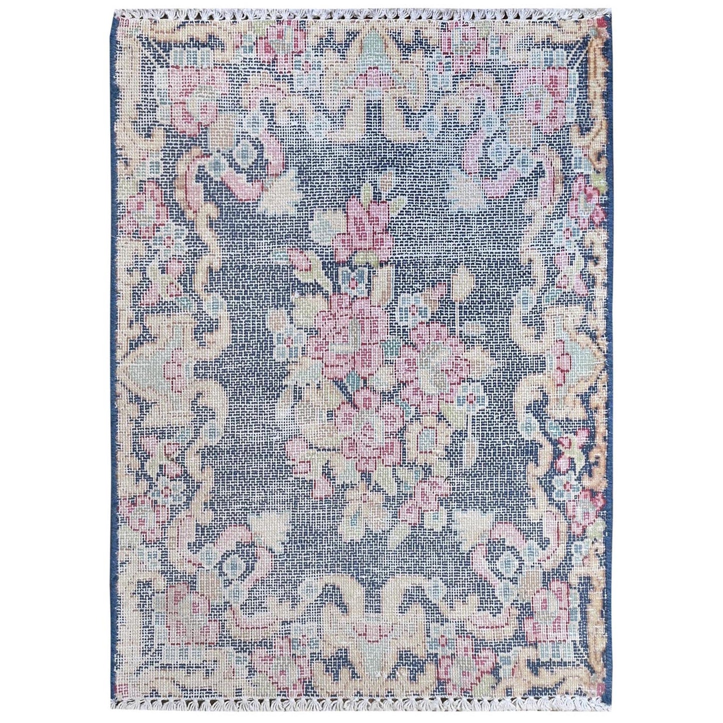 1'6"X2'1" Blue Worn Wool Hand Knotted Vintage Farsian Karman Mat Rug