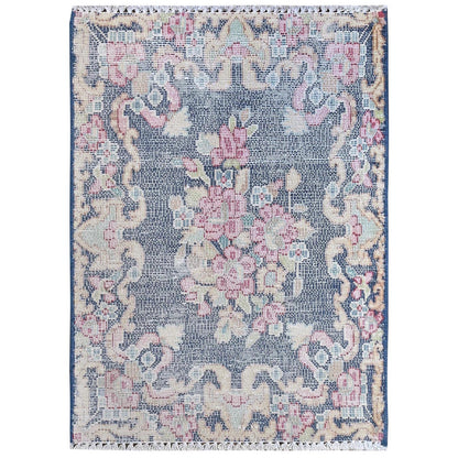 1'6"X2'1" Blue Worn Wool Hand Knotted Vintage Farsian Karman Mat Rug