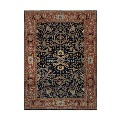 5'1"X7'2" Midnight Blue, Antiqued Fine Heris Pure Wool Hand Knotted Rug