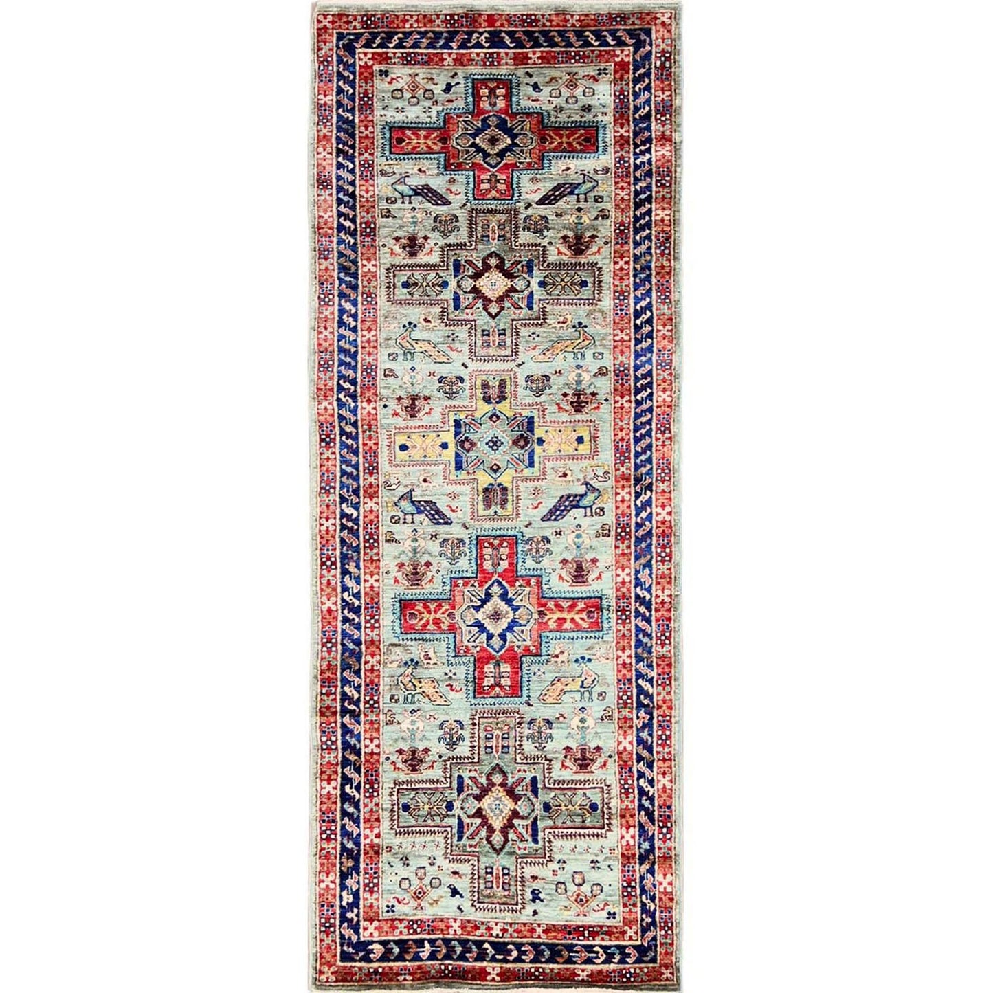 2'7"X7'4" Gray Hand Knotted Rug All Wool Caucasian Design Runner Oriental