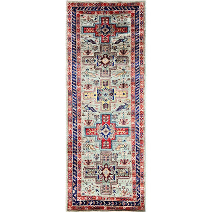 2'7"X7'4" Gray Hand Knotted Rug All Wool Caucasian Design Runner Oriental