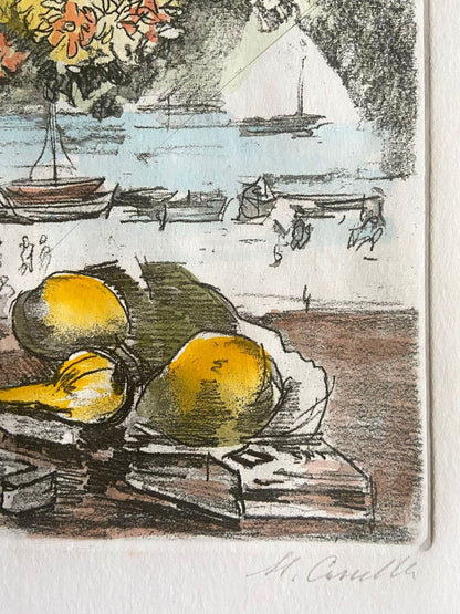 Michele Cascella "Vase Of Flowers In Portofino" Watercolor Engraving Signed