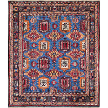 8'3"X9'6" Blue Afghan Ersari Caucasian Design Revival Hand Knotted Wool Rug