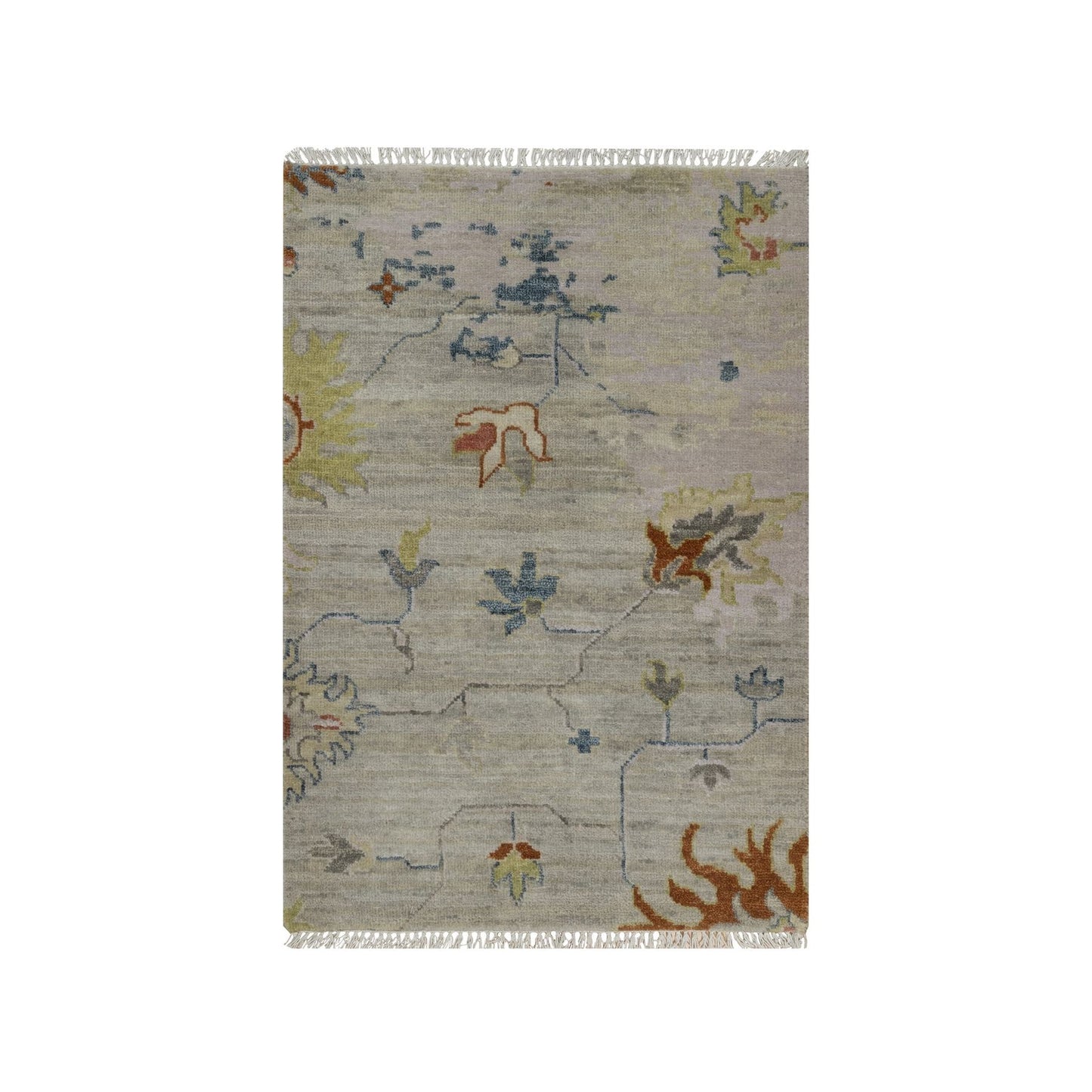 2'1"X3' Gray Broken Pattern Agra Design Pure Wool Hand Knotted Mat Rug