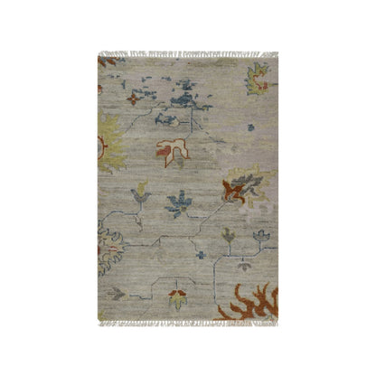 2'1"X3' Gray Broken Pattern Agra Design Pure Wool Hand Knotted Mat Rug