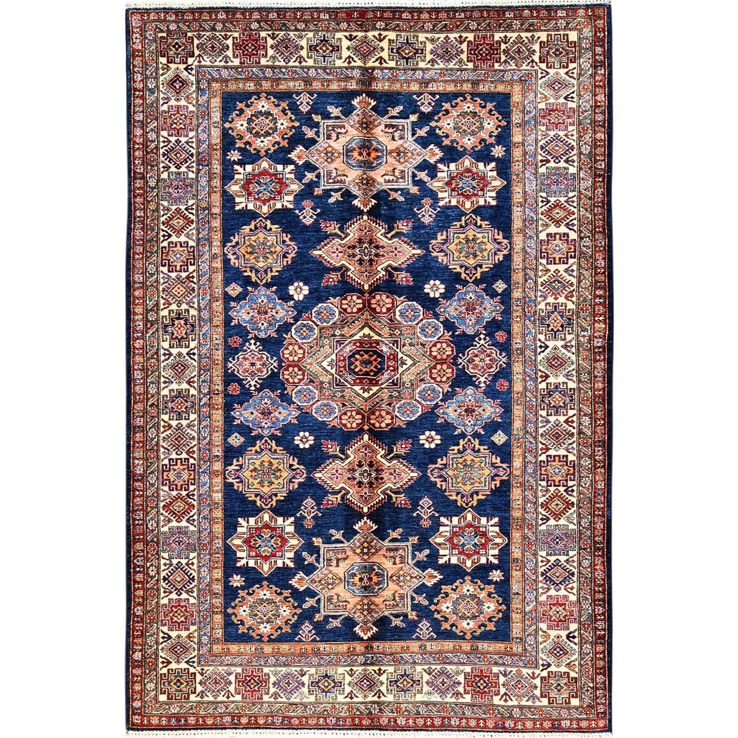 5'10"X8'10" Navy Blue Afghan Super Kazak Hand Knotted Soft Wool Rug