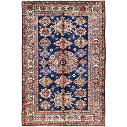 5'10"X8'10" Navy Blue Afghan Super Kazak Hand Knotted Soft Wool Rug