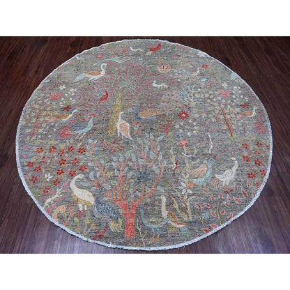 7'9"X7'9" Gray Birds Of Paradise Design Hand Knotted Soft Wool Round Rug