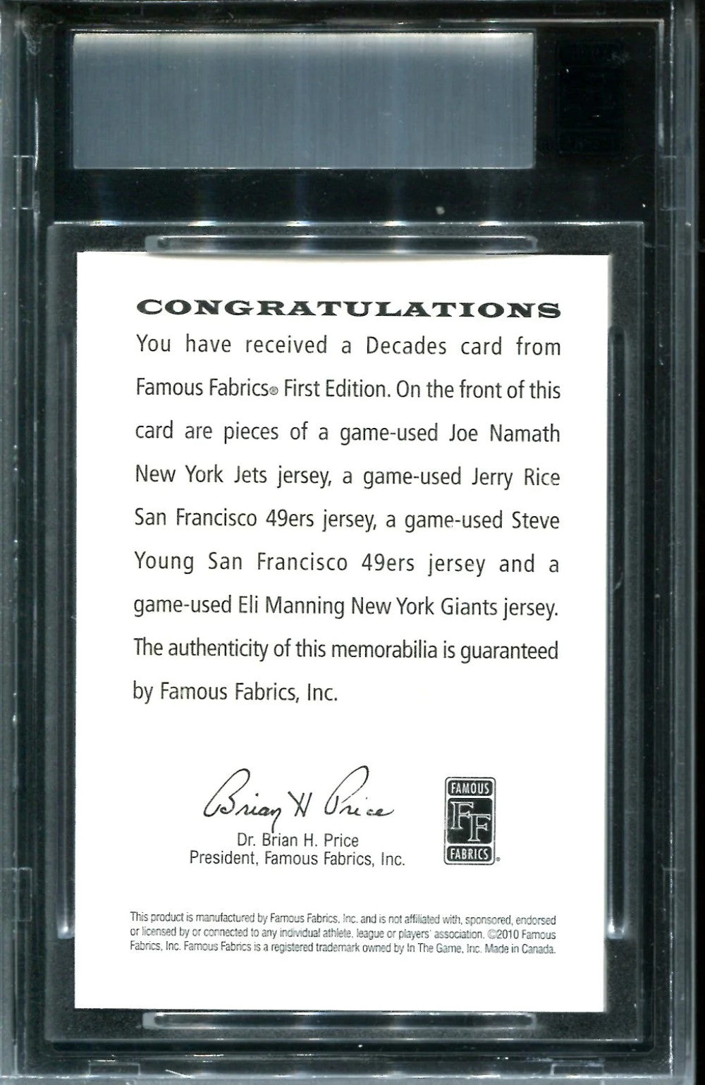 Manning, Young, Rice, & Namath Famous Fabrics First Edition Card #2/9