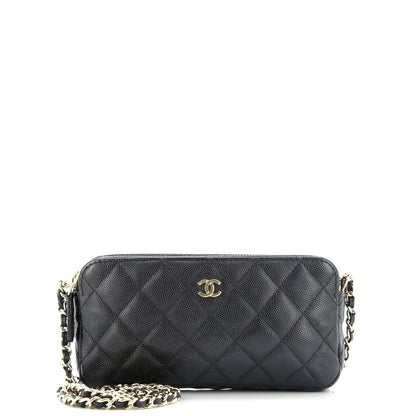 Chanel Double Zip Clutch With Chain Quilted Caviar