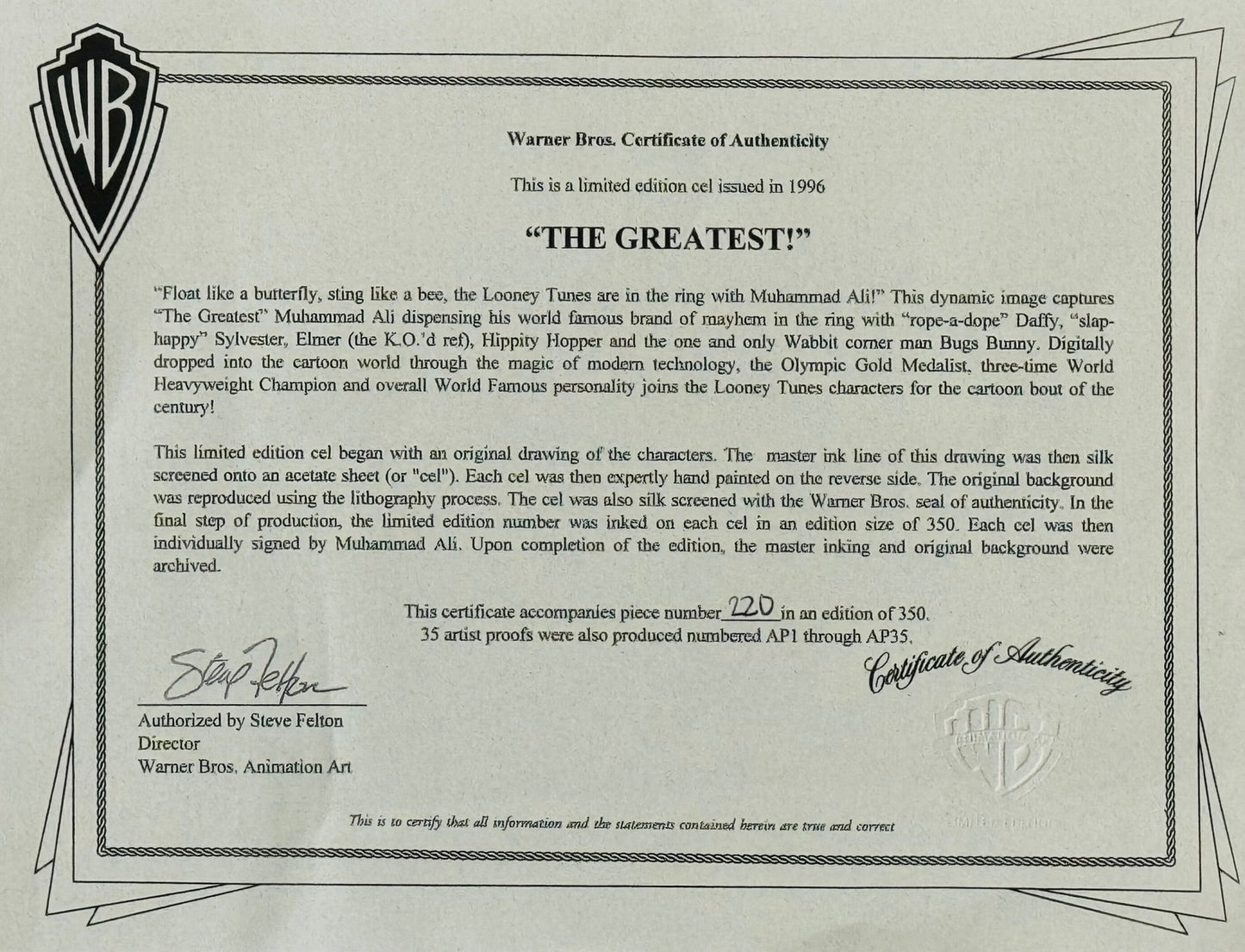Muhammad Ali Signed "The Greatest" L.E. Cel 220 /350 Warner Bros. Animation Art