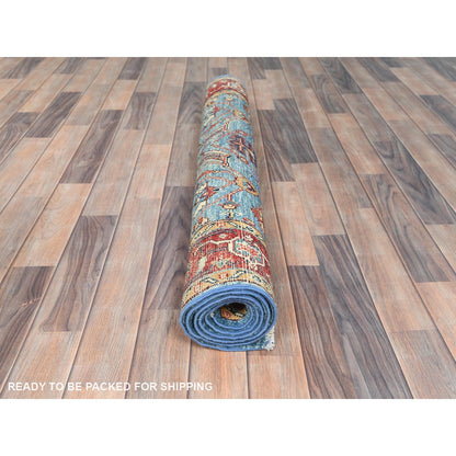 3'10"X5'10" Denim Blue Soft Wool Hand Knotted Seeripe Heris Design Rug