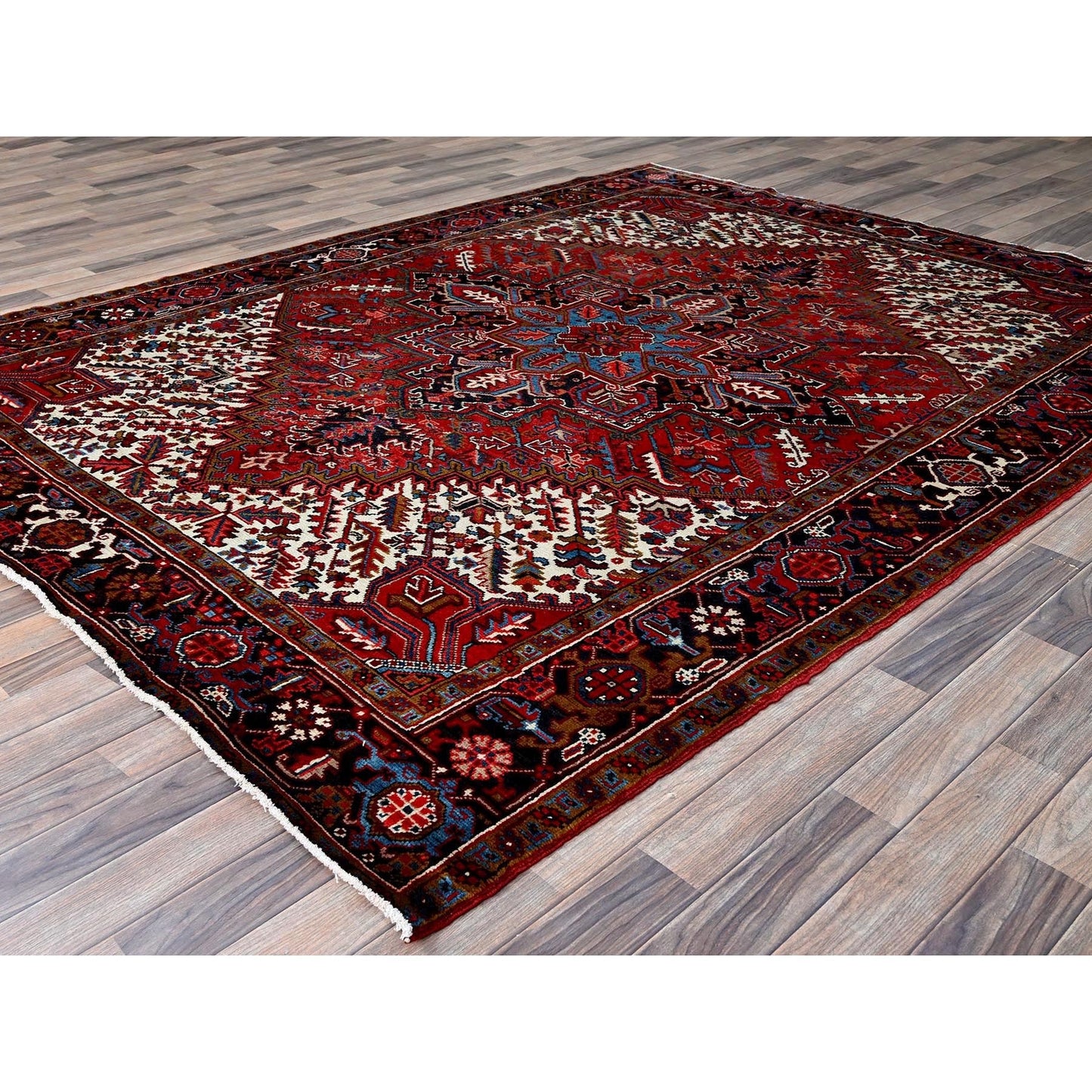 7'3"X9'5" Red Vintage Zoroastrian Heris 100% Wool Hand Knotted Oriental Rug