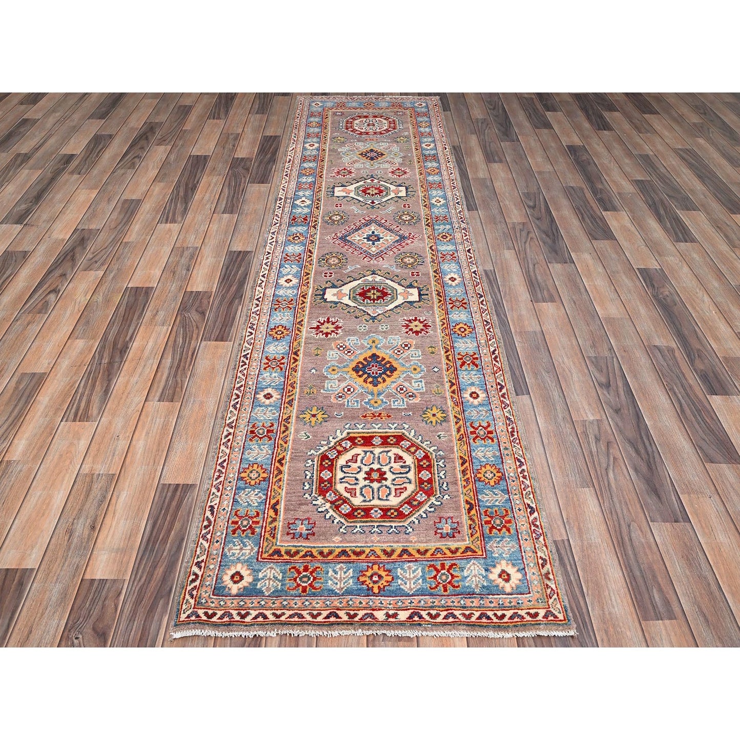 2'6"X9'2" Dusty Gray Wool Kazak Geometric Design Runner Hand Knotted Rug