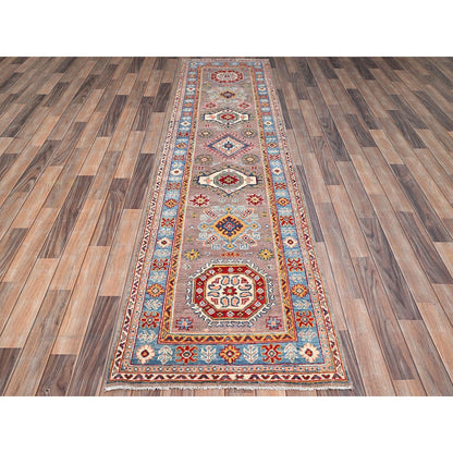 2'6"X9'2" Dusty Gray Wool Kazak Geometric Design Runner Hand Knotted Rug