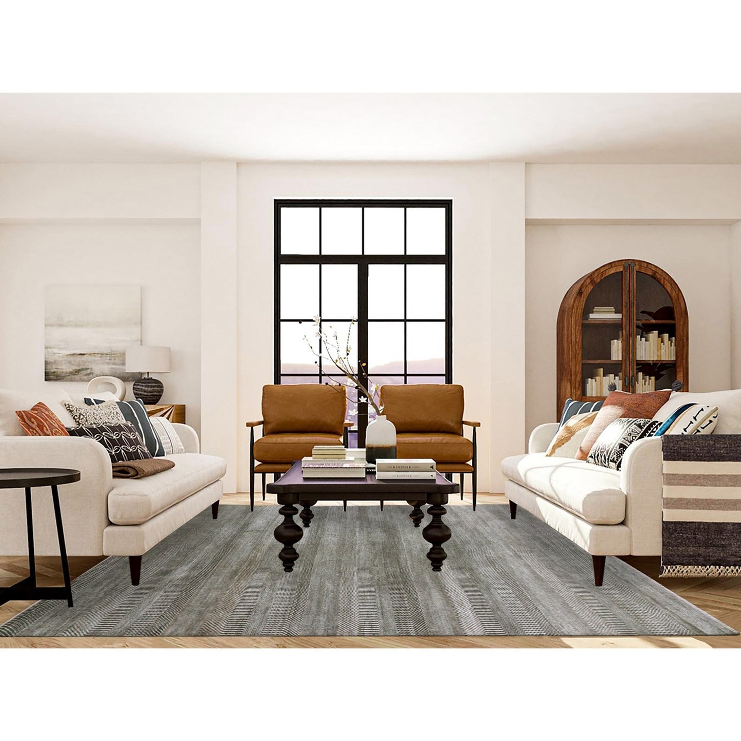 8'1"X10'3" Davy Gray Wool And Silk Hand Knotted Modern Grass Design Rug