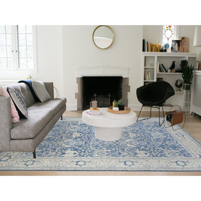 9'8"X13'5" Blue Soft Wool Hand Knotted White Wash Peshawar Rug