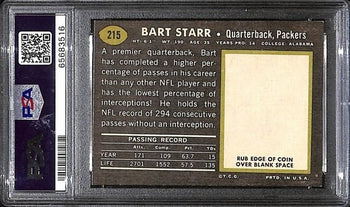 Bart Starr Hof Packers Signed/Auto 1969 Topps Football Card #215 Psa/Dna 187837