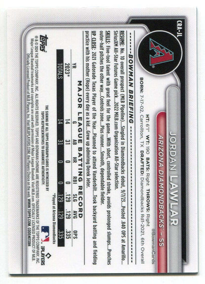 Jordan Lawlar 2024 Bowman Chrome Autograph Blue Refractor Rookie Card /150