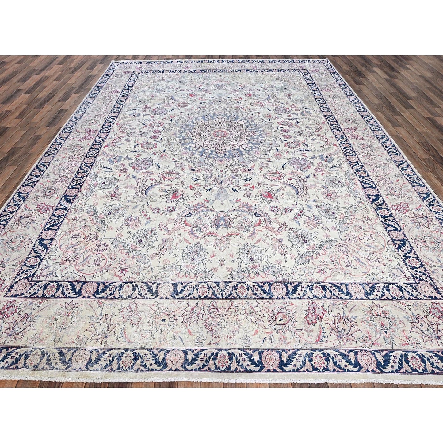 10'X13'2" Ivory Vintage Sino Tebraz 300 Kpsi Soft Wool Hand Knotted Rug