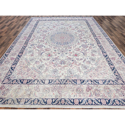 10'X13'2" Ivory Vintage Sino Tebraz 300 Kpsi Soft Wool Hand Knotted Rug