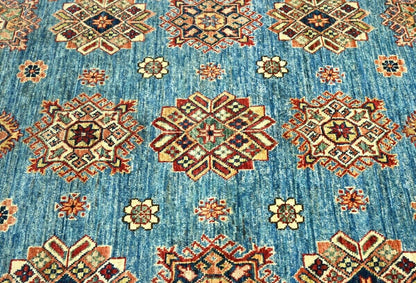 Tribal Geometric Kazak Area Rug Blue Farmho Boho