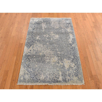 4'X6' Spruce Blue Wool & Pure Silk Erased Zoroastrian Design Oriental Rug