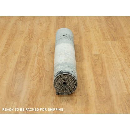 4'X10' Shadow Black Hand Knotted Abstract Wool And Silk Wide Runner Rug