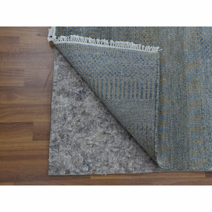 2'7"X15'5" Blue Modern Grass Design Wool And Silk Hand Knotted Runner Rug