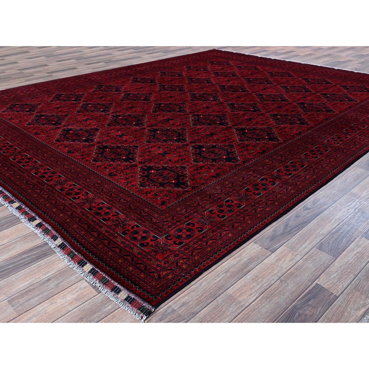 9'9"X12'8" Red Afghan Khamyab Geometric Pattern Hand Knotted Soft Wool Rug
