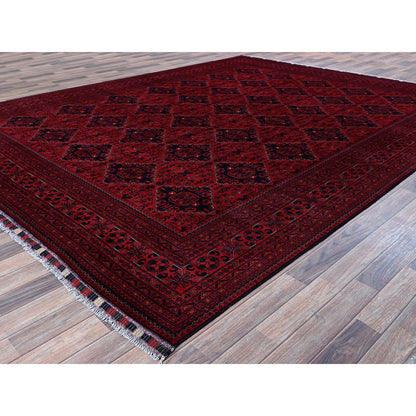 9'9"X12'8" Red Afghan Khamyab Geometric Pattern Hand Knotted Soft Wool Rug