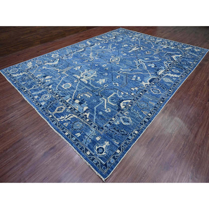 10'1"X13'9" Blue Hand Knotted Afghan Angora Oushak Vines Design Wool Rug