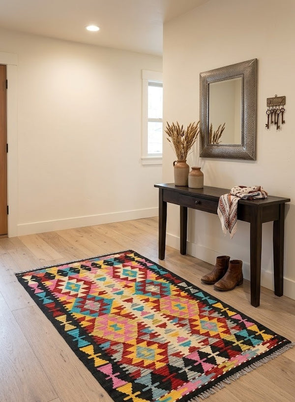 Rug Geometric Design Reversible Small Kilim Oriental Carpet Multicolored