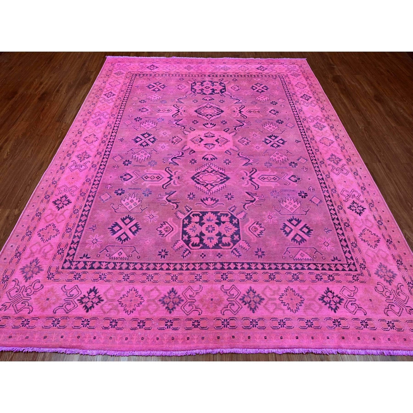 7'10"X9'7" Pink Overdyed Kazak Medallions Design Wool Hand Knotted Rug