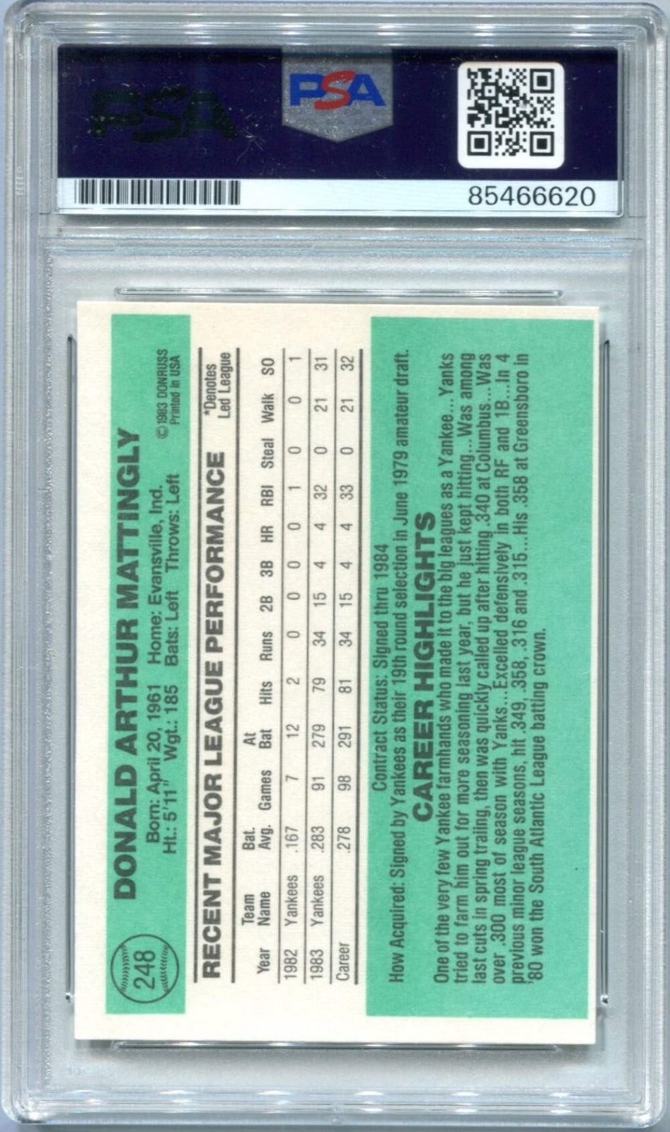 Don Mattingly 1984 Donruss #248 Autographed