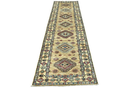 3X10 ft Beige Tribal Geometric Kazak Runner Wool
