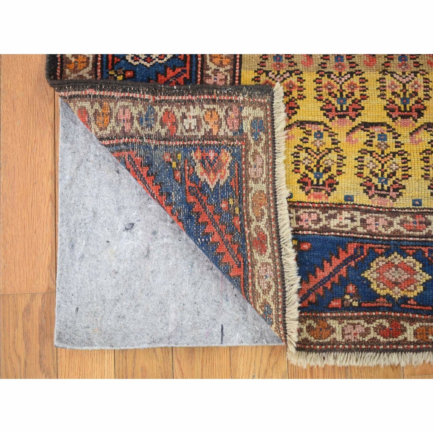 4'X10'3" Yellow Antique Farsian Bookshaish Wool Hand Knotted Runner Rug