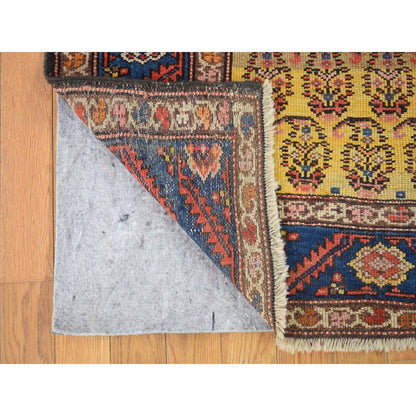 4'X10'3" Yellow Antique Farsian Bookshaish Wool Hand Knotted Runner Rug