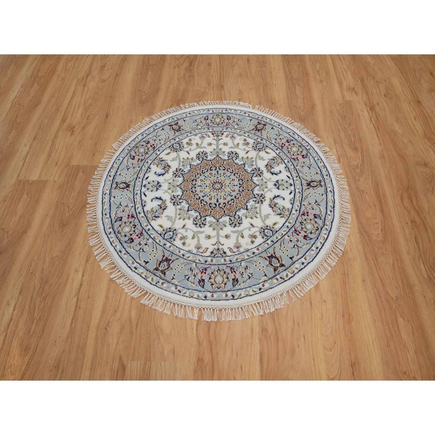 3'3"X3'3" Ivory Wool And Silk Nain Flower Design Hand Knotted Round Rug