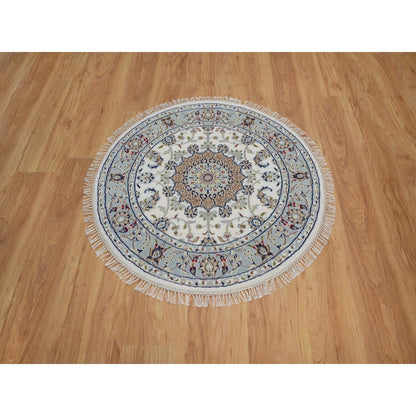 3'3"X3'3" Ivory Wool And Silk Nain Flower Design Hand Knotted Round Rug