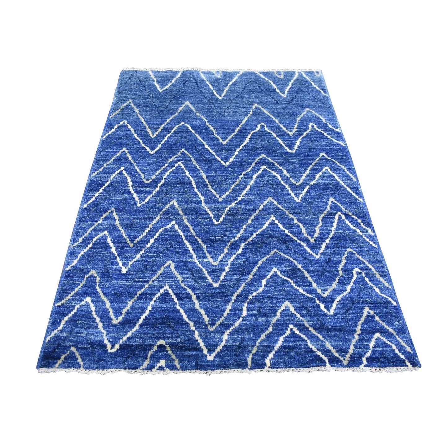 3'10"X5'9" Blue Hand Knotted Soft And Shiny Wool Moroccan Berber Rug