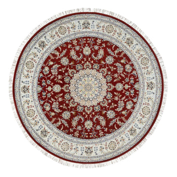 8'X8' Cherry Red Wool Hand Knotted Nain Flower Design 250 Kpsi Round Rug