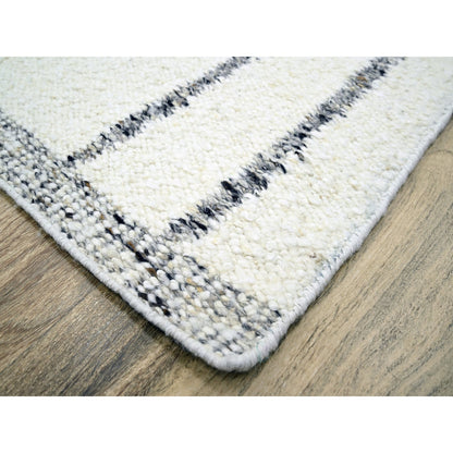 9'3"X12'1" White Moroccan Weave With Line Design Wool Hand Knotted Rug