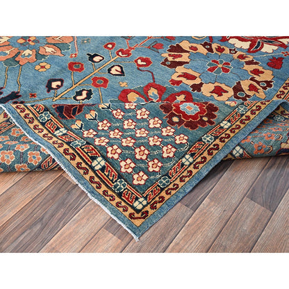 8'X10'4" Blue Wool Rug Afghan Peshawar Heris All Over Design Hand Knotted