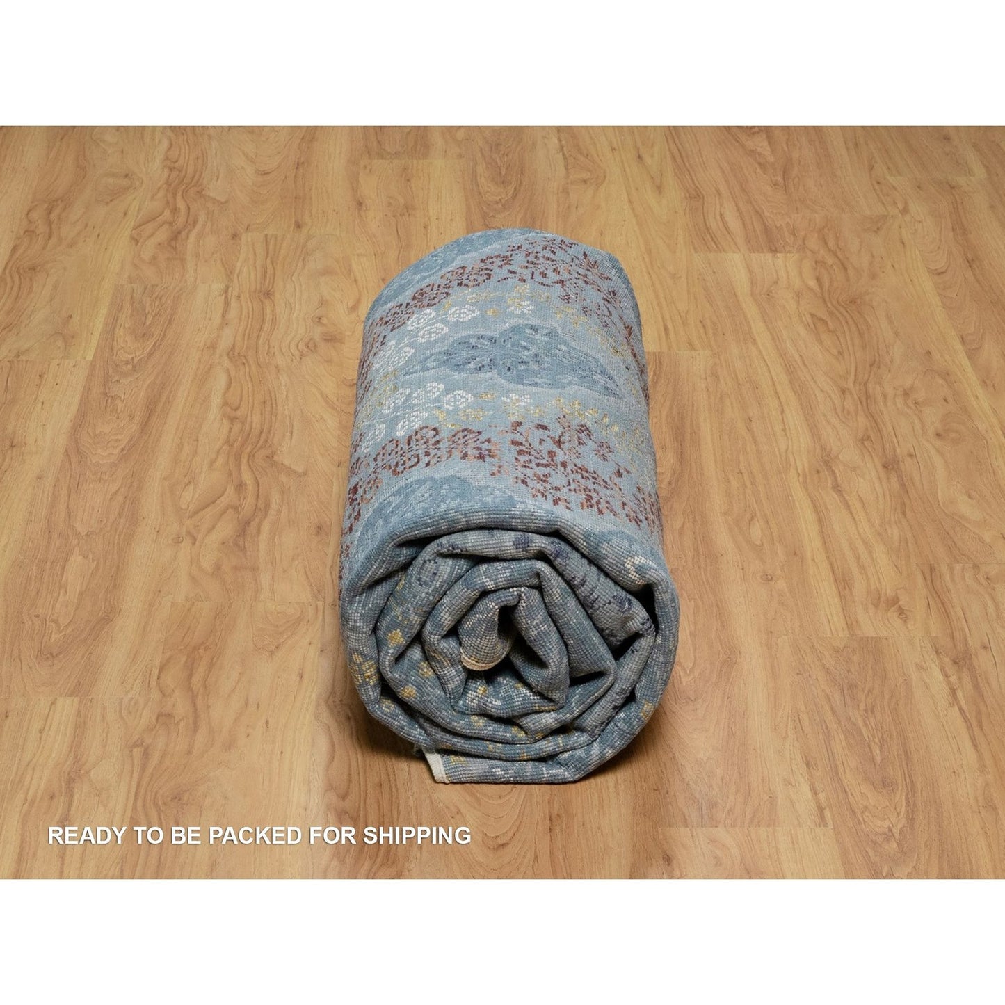 8'1"X10'1" Cerulean Blue Jewelry Design Wool And Silk Hand Knotted Rug