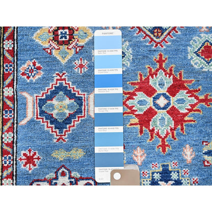 4'X13' Blue Kazak With Geometric Design Hand Knotted Soft Wool Runner Rug