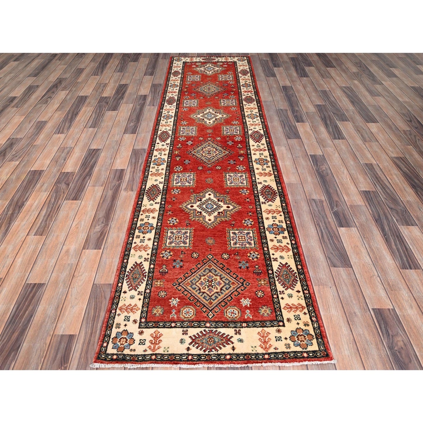2'8"X9'6" Lattice Red Hand Knotted Afghan Special Kazak Wool Runner Rug