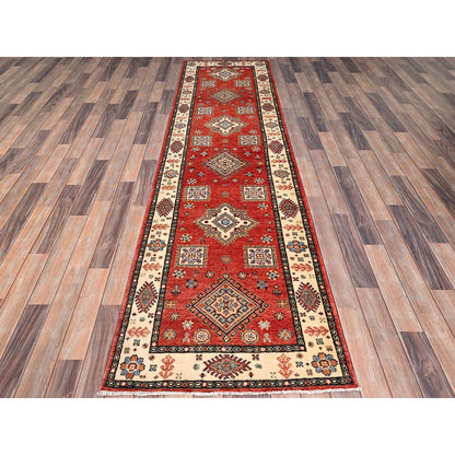 2'8"X9'6" Lattice Red Hand Knotted Afghan Special Kazak Wool Runner Rug