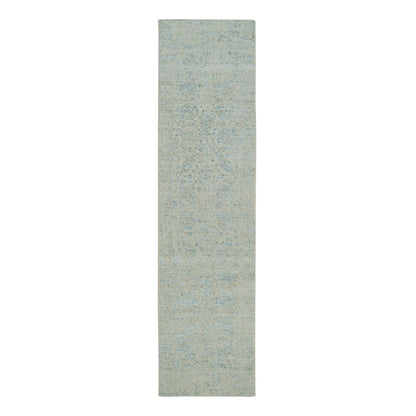 2'6"X10' Gray Fine Jacquard Hand Loomed Wool And Silk Runner Rug
