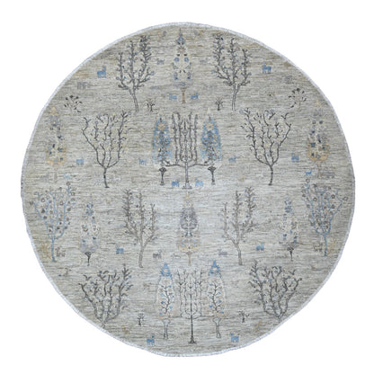 8'X8' Oyster Gray Peshawar Tree Design Hand Knotted 100% Wool Round Rug